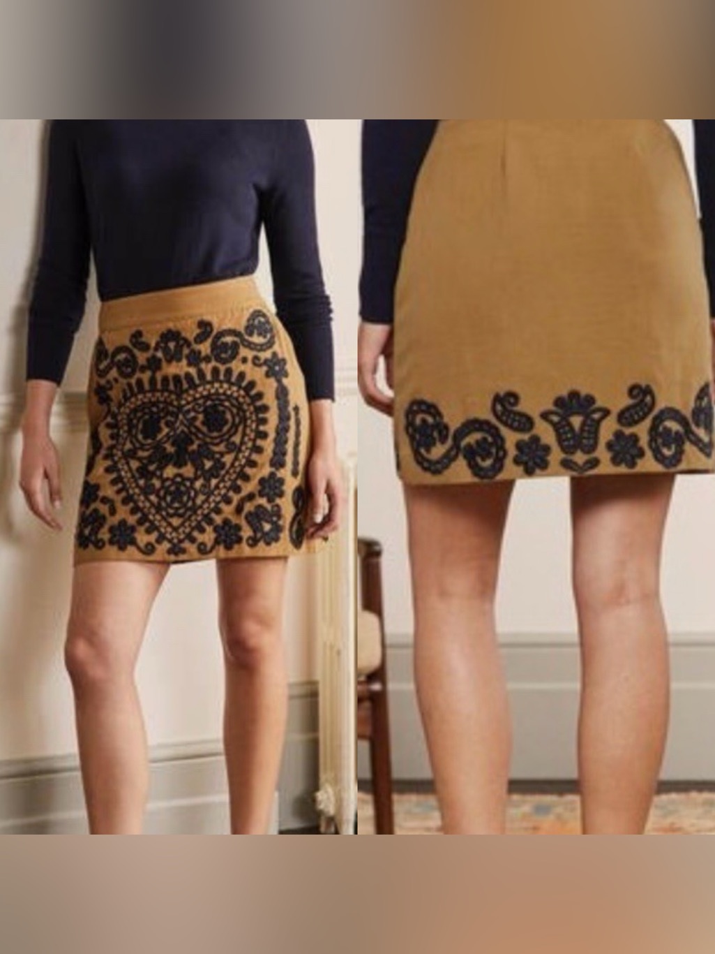 Boden Tan Mini Skirt With Black Embroidered Motif Size 12 Folklore